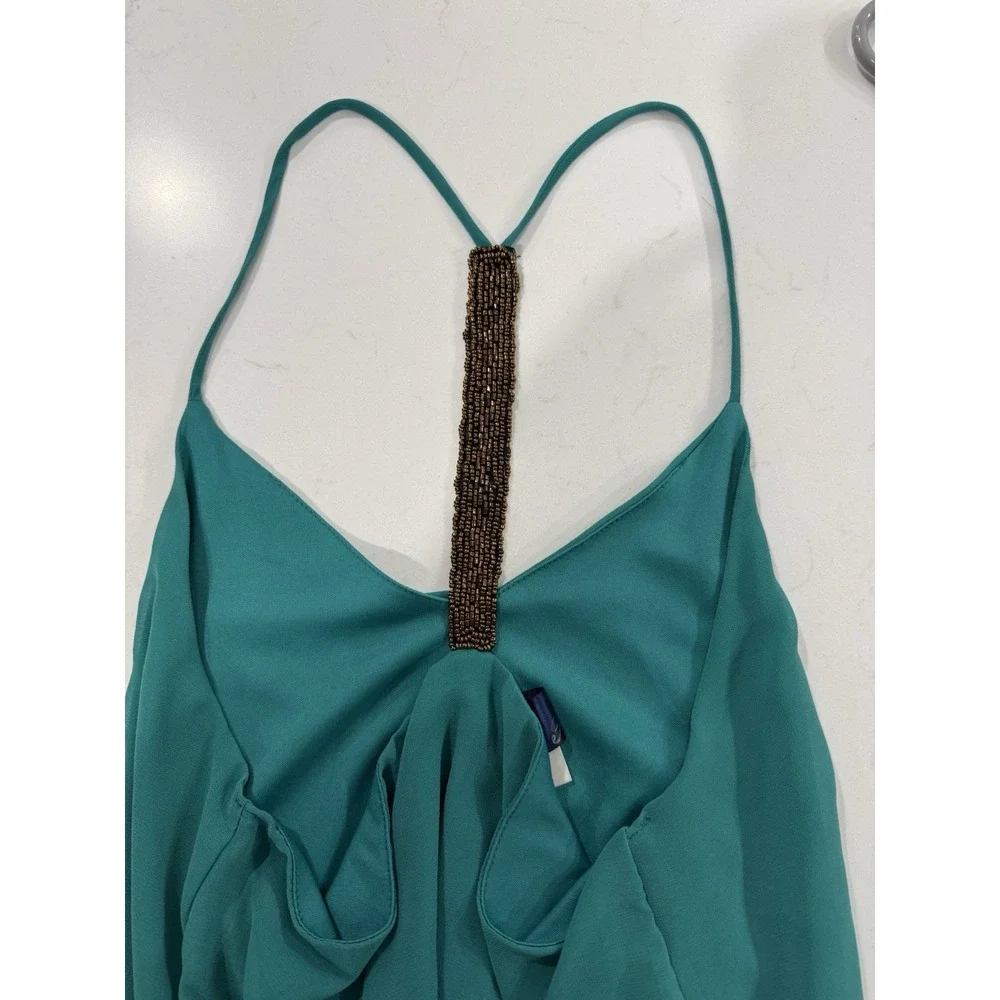 Blue Rain Women's‎ L Solid Teal Lined Dress Beaded Copper Back Strap Sleeveless